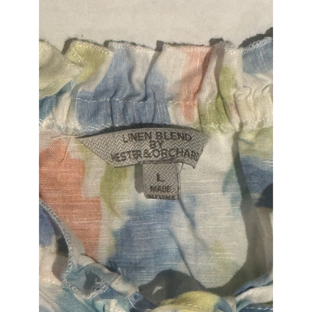 Hester & Orchard Top Linen Blend Floral Peasant Size L Beachy Watercolor Coastal - Picture 2 of 5
